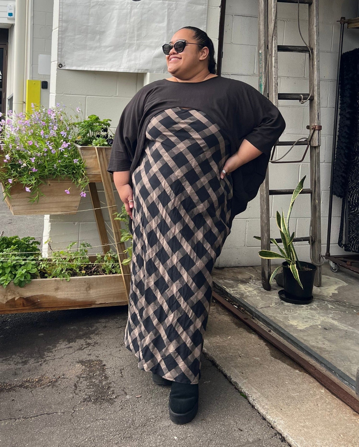 TCD TCD Long Bias Slip Dress - Brown Check Shop