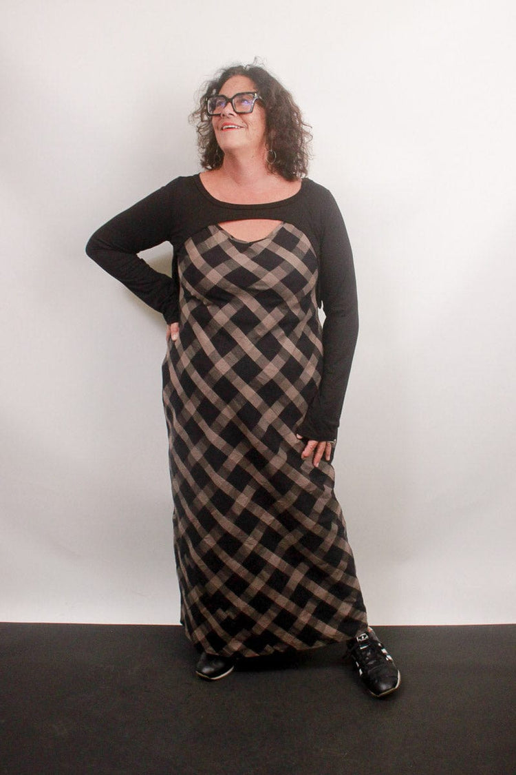 TCD TCD Long Bias Slip Dress - Brown Check Shop