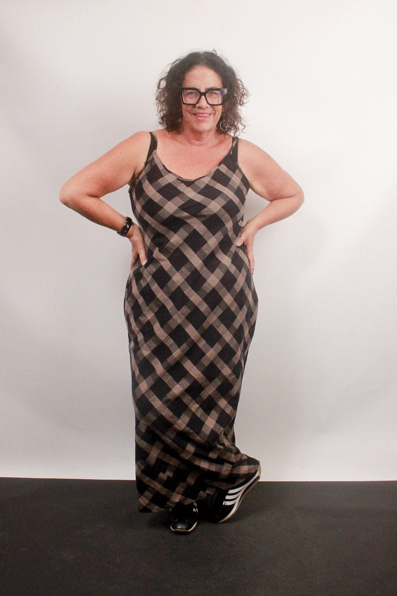 TCD TCD Long Bias Slip Dress - Brown Check Shop 0 = 14