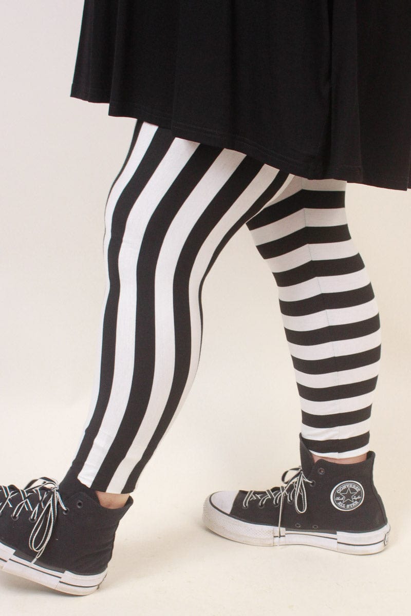 Full Length Black and Horizontal Striped Split Leggings - ShopperBoard